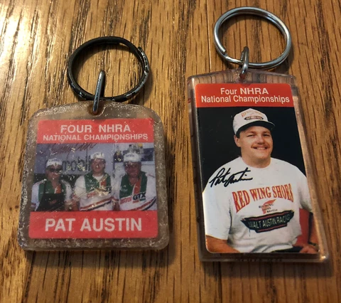 2 NHRA Pat Austin Key Chains Red Wing Shoe Sponsor; 90 Yrs 1995; 4 Time Nat’l Cover