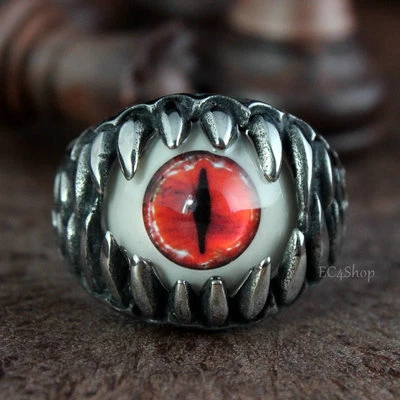 Anillo de acero inoxidable para hombre dientes de dragón rojo sangriento ojo de serpiente motociclista 316L Foto 1 de 4