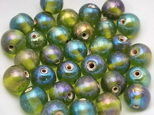 10mm Metallic Glass Beads - Round - Olivine Green AB Czech Glass - 20 Pieces - Picture 1 of 4