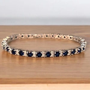 Blue Sapphire Round Cut Tennis Bracelet | White Gold Bracelet | Free Gift Box - Picture 1 of 4