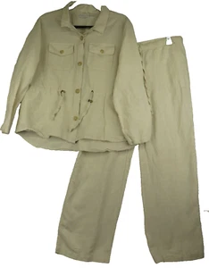Set safari vintage Liz Claiborne misto lino marrone pantaloni giacca top cinch vita taglia L - Foto 1 di 16