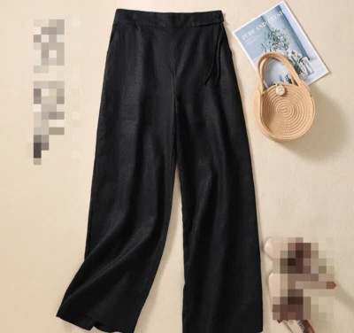 Womens Wide Leg Cotton Linen Pants Casual Loose Trouser Retro Elastic Waist New - Image 1 of 4
