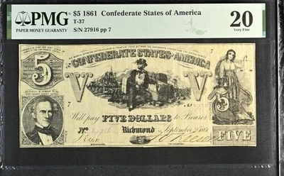 1861 Confederate States of America $5 Banknote, T-37, PMG VF 20. - Image 1 of 2