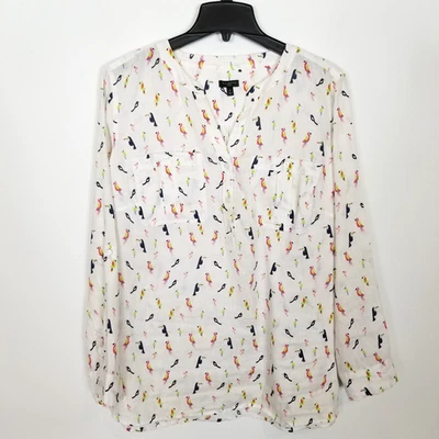 Talbots Women Plus 100% Linen Birds Button Up Shirt Sz 1X Long Sleeve Novelty - Image 1 of 4