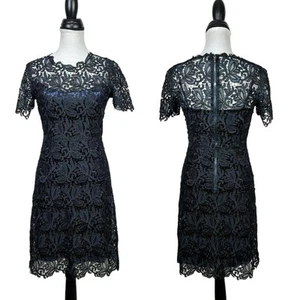 Elie Tahari 0 Ophelia Navy Blue/Black Floral Lace Overlay Cocktail Sheath Dress - Picture 1 of 9