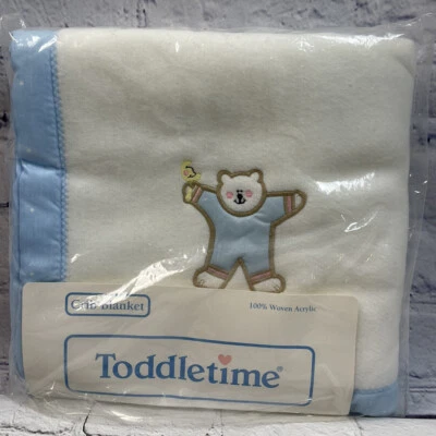 Vintage Toddlertime Blue Trim Baby Blanket Teddy Bear Woven Acrylic 36x45 NOS - Image 1 of 4