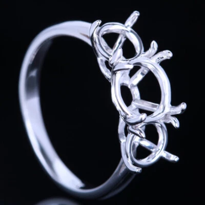 3-Stone 10K White Gold Solitaire Round Semi-Mount Special Unique Engagement Ring - Image 1 of 4