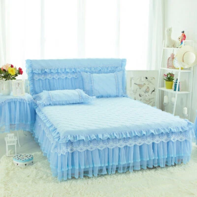Korean Quilted Cotton Lace Bedspread Dust Ruffle Bed Skirt Queen Fitted Sheet - Image 1 of 4