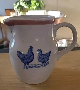 Vintage Ceramic Pottery Blue Rooster Chicken Water Eggs Milk Pitcher 2 Quart - Picture 1 of 5