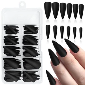 120pcs Stiletto Press on Nails Long Full Cover Matte Black Fake Nails Acrylic - Picture 1 of 7