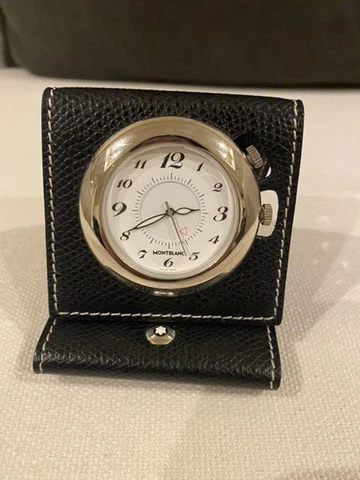 Montblanc Portable Travel Clock Black Leather case Sterling Silver Quartz Alarm Cover