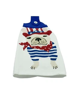 Patriotic USA Hanging Dishtowel Red White Blue Bulldog With Patriotic Bandana - Picture 1 of 7