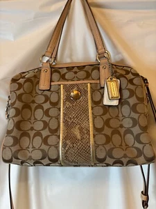 COACH KHAKI SIGNATURE PYTHON STRIPE SATCHEL 27364 HANDBAG SHOULDER PURSE BAG - Picture 1 of 13