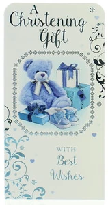 Money Wallet Gift Card & Envelope - Christening Boy With Blue Foil 7x3.5" - Picture 1 of 1