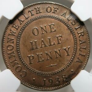 AUSTRALIA 1/2 Penny 1938 NGC MS62 BN UNC Quality!