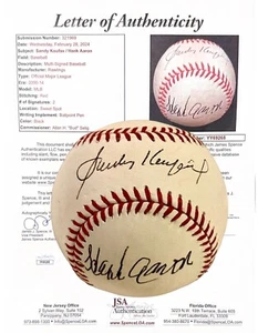 SANDY KOUFAX & HANK AARON FIRMATO BASEBALL AUTOGRAFATO JSA LOA DODGERS BRAVES - Foto 1 di 5
