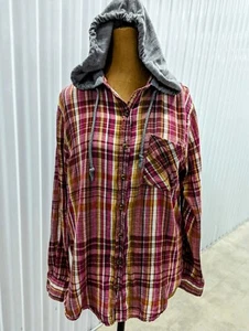 VTG Mudd Hooded Flannel Shirt Button Up Womens Size L Tartan Plaid Check Shacket - Picture 1 of 13