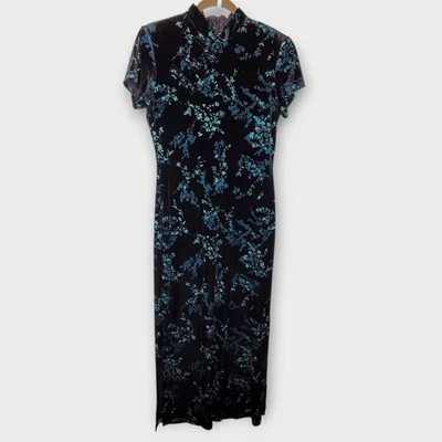 Maxi Vestido Vaina De Colección Y2K Dressbarn Terciopelo Bordado M Verde Azulado Negro Asiático NUEVO Foto 1 de 4