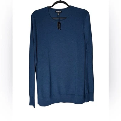 Express Mens Large Merino Wool Blend Crewneck Sweater Blue Knit Lightweight NWT - Image 1 of 4