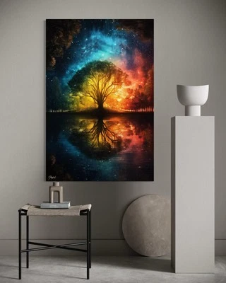 Leinwand Bild Landschaft Baum Modern Dekoration Wandbild Gemälde Bunt - Bild 1 von 4