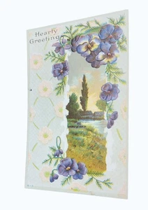 Cartolina d'epoca 1911 in rilievo con disegno floreale Pansy e veduta scenica - Foto 1 di 2