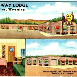 Tarjeta de visita de lino publicidad de motel C5 de Rawlins, Wyoming West Way Lodge década de 1940 - Imagen 1 de 3