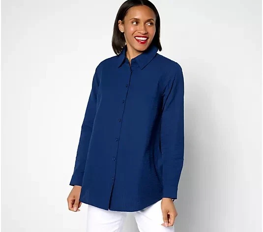 Joan Rivers Petite Seersucker Button Front Shirt Navy Solid Petite Large A638953 Foto 1 de 1