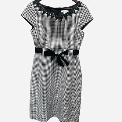 DressBarn Houndstooth Sheath Dress SZ 8 Lace Collar Black White 50s Rockabilly - Image 1 of 4