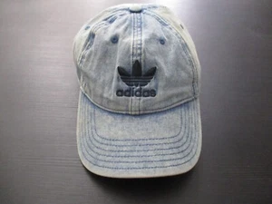 Adidas Hat Cap Mens Strap Back Blue Denim Outdoor Casual Preppy Logo Distressed - Picture 1 of 10
