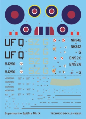 SPITFIRE MK IXc DECALS & CANOPY MASK (RAF & POLISHH AF MKGS) #48092 1/48 TECHMOD - Image 1 of 2