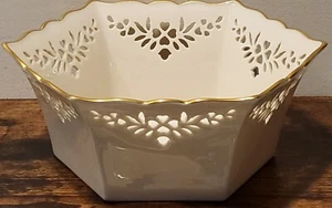 LENOX Ivory China Medium Bowl Shelburne 6-sided Gold Trim USA Original Sticker - Picture 1 of 7