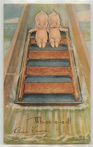 Campbell Postcard Rose O'Neill S/A Kewpies On Water Slide Klever Card Die-Cut - Picture 1 of 2