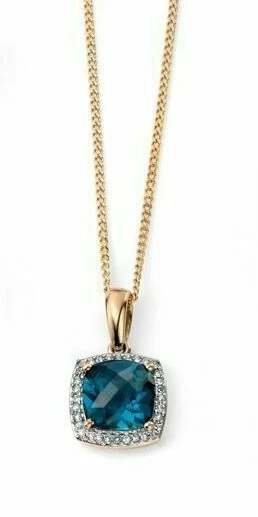 Londres Topacio Azul&Diamante Colgante Oro Amarillo 375 Contraste Nuevo en Caja - Imagen 1 de 3