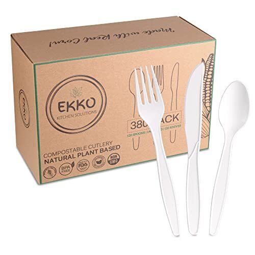 EKKO Compostable Cutlery Eco-Friendly Disposable Utensils 380 Large Durable a...