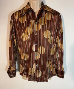 1970s Vintage Men's Nasa Disco Nylon Geometric Dagger Collar Button Down Shirt M - Picture 1 of 5