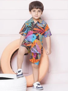Tropical Print CO-ORDS Set for Boys Casual Cotton Wear Shirt Short Set - Picture 1 of 29