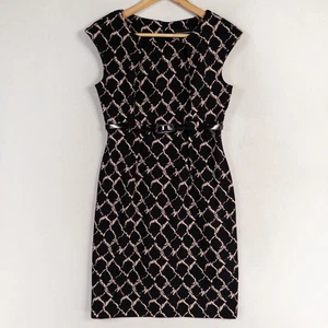 Connected Apparel Sheath Dress 6 PETITE Black Tan Geometric Print Belted Stretch - Picture 1 of 8