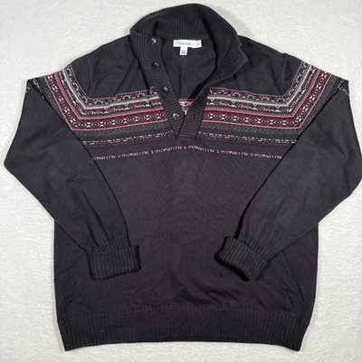 Vintage Calvin Klein Black Red Pattern Sweater Big Button Collar Knit XL - Image 1 of 4
