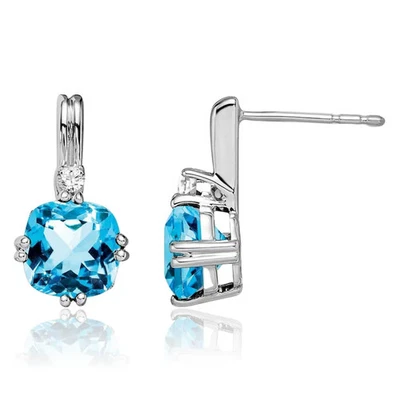 10K Solid White Gold Cushion-Cut Swiss Blue Topaz Diamond Dangle Earrings - Image 1 of 4