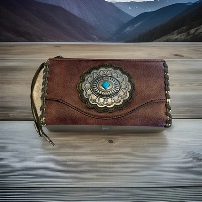 Cartera de cuero marrón talla completa Tony Lama Whipstitch Concho Western Boho para mujer Foto 1 de 4