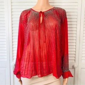 PARKER rote handperlenbesetzte Boho Dolmas Ärmel transparente Bluse Größe S, NEU UVP: 308,00 $ - Bild 1 von 11