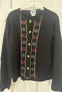 Vintage Leslie Fay Black Cardigan Multicolored Holiday Bling Sweater Sz M - Picture 1 of 6