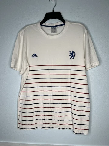 Adidas Chelsea T Shirt Mens Large White Striped Soccer EPL Short Sleeve Cover