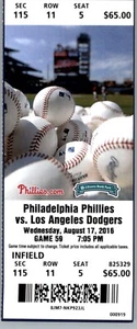 Los Angeles Dodgers vs Philadelphia Phillies 8/17/2016 Ticket Maikel Franco - Picture 1 of 2