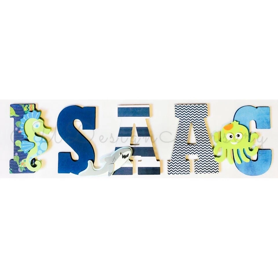 Ocean Themed Wooden Nursery Letters - Custom Shark Ocean Themed For Kids Room - Image 1 of 4