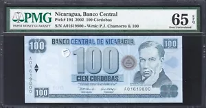 2002 Nicaragua 100 Cordobas P-194 PMG 65 Gem UNC Graded Banknote - Picture 1 of 2