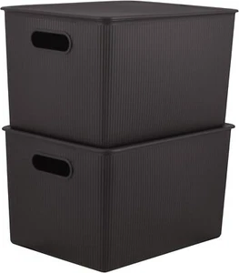 Decorative Storage Bins with Lids, Plastic Brown Ribbed Baskets 22 Liter (2 Pack - Picture 1 of 9