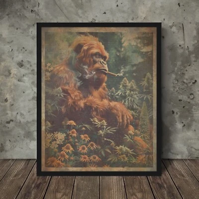 Arte de pared vintage SASQUATCH CANNABIS SMOKE, póster Bigfoot 420, decoración Yeti Weed Foto 1 de 4