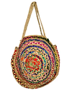 Handmade Oversized Circular Multicolor Recycled Shoulder Jute Tote Bag - Picture 1 of 5