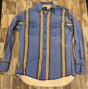 VTG Wrangler Long Tail Brushpopper Black Snap Striped Cowboy Shirt Size 16/35 - Picture 1 of 7